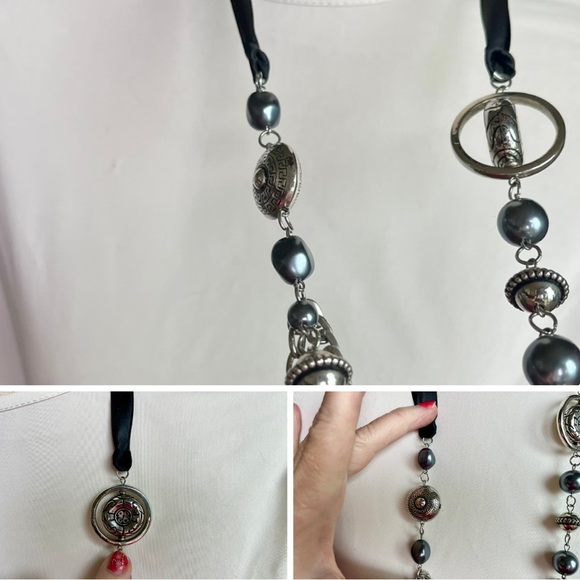 Necklace silver/gray beads black ribbon asymmetrical  jewelry - Picture 8 of 15